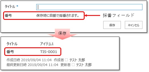 採番フィールド - アイテム保存時に自動的に前回の番号に加算して一意の番号を付与します。