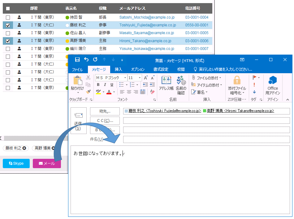 複数人選択してのインスタントメッセージや、メール作成も可能